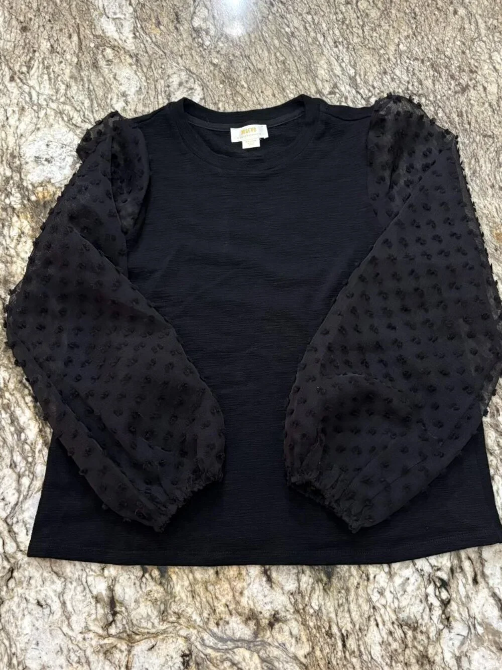 Maeve Anthropologie Black Swiss Dot Sheer Mesh Balloon Sleeve Knit Top
